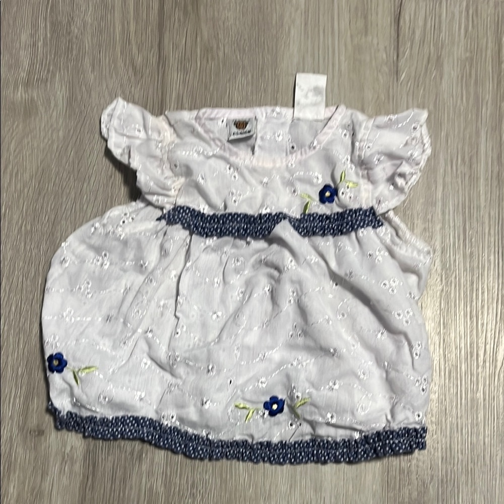 Vintage Teddys Choice White Eyelet Baby Dress with Blue Accents 3-6M